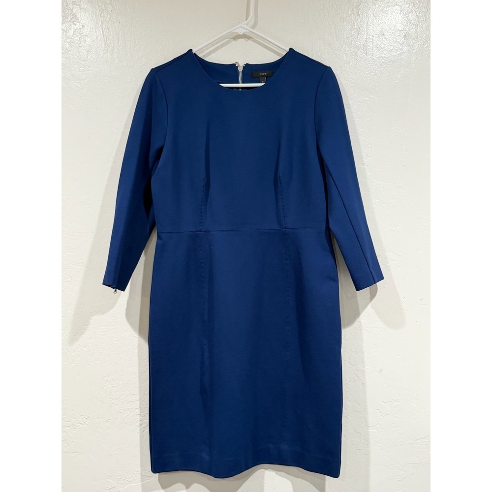 J.Crew Blue Ponte Sheath Dress Size 12 Zipper Cuff 3/4 Sleeve Exposed Back Zip
